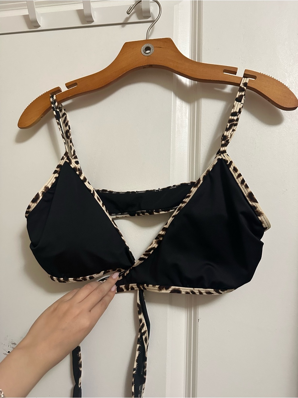 Black Wrap Bikini Top with Leopard Trim